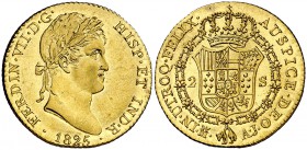 1825. Fernando VII. Madrid. AJ. 2 escudos. (Cal. 222). 6,77 g. Mínimas marquitas. Bellísima. Brillo original. Muy rara así. S/C-/S/C.