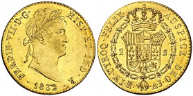 1832. Fernando VII. Madrid. AJ. 2 escudos. (Cal. 229). 6,71 g. Mínima hojita. Bella. Brillo original. Rara así. S/C-.