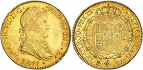 1811. Fernando VII. Cádiz. CI. 8 escudos. (Cal. 1) (Cal.Onza 1191). 27,03 g. Con punto delante de HISP y entre los ensayadores. Preciosa pátina anaran...