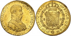 1813. Fernando VII. Guadalajara. MR. 8 escudos. (Cal. 6) (Cal.Onza 1203, indica "pocos ejemplares conocidos"). 26,60 g. Leves rayitas de acuñación en ...