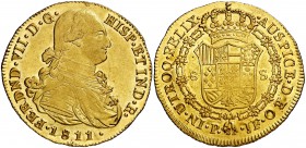 1811/0. Fernando VII. Popayán. JF. 8 escudos. (Cal. 68) (Cal.Onza 1280) (Restrepo 128-6). 26,94 g. Bella. Brillo original. Ex Áureo & Calicó Selección...