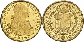 1814. Fernando VII. Santiago. FJ. 8 escudos. (Cal. 122) (Cal.Onza 1358). 27,06 g. Bellísima. Pleno brillo original. Ex Colección Golf. Ejemplar de la ...