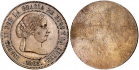 1865. Isabel II. Madrid. 5 céntimos de escudo. 11,94 g. Prueba unifaz no adoptada en bronce. Bellísima. Muy rara. FDC.