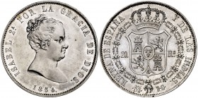 1834. Isabel II. Madrid. DG (Departamento de Grabado). 20 reales. (Cal. 158). 26,70 g. Bellísima. Brillo original. Sólo 10 ejemplares conocidos. Muy r...