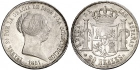 1851. Isabel II. Madrid. 20 reales. (Cal. 172). 26,15 g. Ínfimas rayitas. Bella. Brillo original. Escasa así. EBC/EBC+.