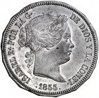 1855. Isabel II. 20 reales. Prueba unifaz del modelo de Luis Marchoni para la pieza de plata en metal blanco. Sin las iniciales del grabador. 18,04 g....