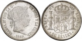 1857. Isabel II. Madrid. 20 reales. (Cal. 179). 25,89 g. Bella. Brillo original. Rara así. EBC+/S/C-.