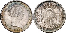 1852. Isabel II. Sevilla. 20 reales. (Cal. 191). 26 g. Bella. Preciosa pátina. Rara y más así. S/C.
