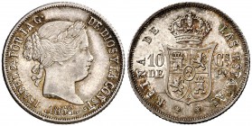 1868. Isabel II. Manila. 10 centavos. (Cal. 465). 2,58 g. Preciosa pátina. Escasa así. S/C-.