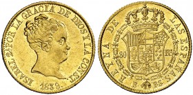 1839. Isabel II. Barcelona. PS. 80 reales. (Cal. 55). 6,73 g. Leves marquitas. Bella. Brillo original. Escasa así. EBC/EBC+.