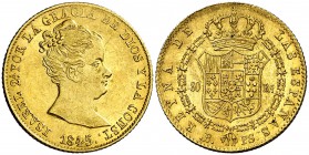1845. Isabel II. Barcelona. PS. 80 reales. (Cal. 63). 6,76 g. Bella. Ex Áureo 02/06/2004, nº 614. Escasa así. EBC/EBC+.