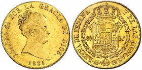 1835. Isabel II. Madrid. CR. 80 reales. (Cal. 68). 6,72 g. Levísimas rayitas. Bella. Brillo original. Rara así. EBC+.