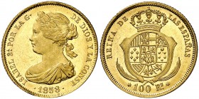 1858. Isabel II. Madrid. 100 reales. (Cal. 23). 8,40 g. Insignificante golpecito. Bella. Brillo original. Rara y más así. S/C.