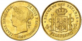 1868. Isabel II. Manila. 4 pesos. (Cal. 132). 6,74 g. Bella. Brillo original. Escasa así. EBC/EBC+.