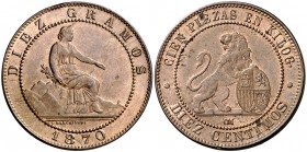 1870. Gobierno Provisional. . 10 céntimos. (Cal. 24). 10,05 g. Bella. Brillo original. Rara así. EBC+.