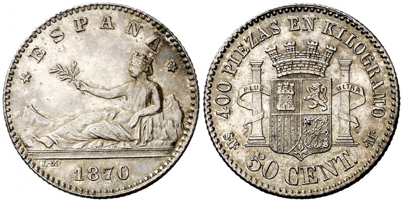 1870*70. Gobierno Provisional. SNM. 50 céntimos. (Cal. 20). 2,49 g. Bella. Rara ...