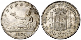 1870*70. Gobierno Provisional. SNM. 50 céntimos. (Cal. 20). 2,49 g. Bella. Rara así. EBC+.
