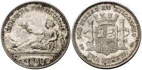 1869. Gobierno Provisional. SNM. 1 peseta. (Cal. 14). 5,07 g. GOBIERNO PROVISIONAL. Pátina. Bella. Escasa así. S/C-.