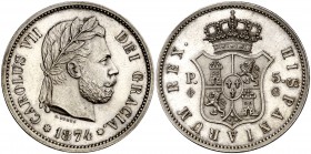 1874. Carlos VII, Pretendiente. Bruselas. 5 pesetas. (Cal. 1). 24,65 g. Escudito de Catalunya en reverso. Canto liso. Bellísima. Brillo original. Rara...