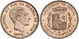 1878. Alfonso XII. Barcelona. . 5 céntimos. (Cal. 72). 4,94 g. Muy bella. Brillo original. Escasa así. S/C-.