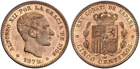 1879. Alfonso XII. Barcelona. . 5 céntimos. (Cal. 73). 4,91 g. Muy bella. Brillo original. Rara así. S/C.