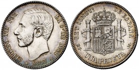 1883*1883. Alfonso XII. MSM. 1 peseta. (Cal. 59). 5,07 g. Parte del reverso calcado en anverso. Bella. Preciosa pátina. Rara así. S/C-.