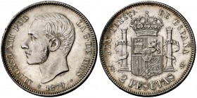 1879*1879. Alfonso XII. EMM. 2 pesetas. (Cal. 46). 10 g. Leves marquitas. Bella. Brillo original. Pátina. Rara así. EBC+.