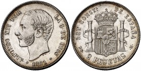 1881*1881. Alfonso XII. MSM. 2 pesetas. (Cal. 48). 9,91 g. Pátina. Bella. Rara así. EBC.