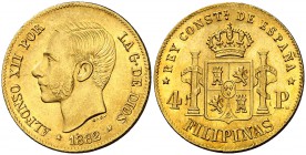 1882. Alfonso XII. Manila. 4 pesos. (Cal. 76). 6,80 g. Leves marquitas. Bella. Brillo original. Comprada por Xavier Calicó en trato privado en 1966. E...