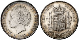 1893*1893. Alfonso XIII. PGL. 1 peseta. (Cal. 39). 5 g. Mínimas marquitas. Muy bella. Preciosa pátina. Rara así. EBC+.