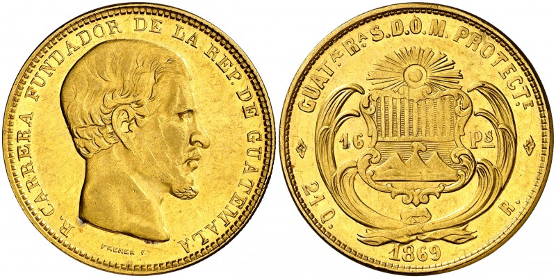 1869. Guatemala. R. 16 pesos. (Fr. 39) (Kr. 188). 26,91 g. AU. Mínimas marquitas...
