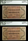 1938. Burgos. 500 pesetas. (Ed. D34) (Ed. 433). 20 de mayo. Pareja correlativa serie A. Certificados por la PCGS como Gem New 66PPQ, nº 80836496/7. Ra...