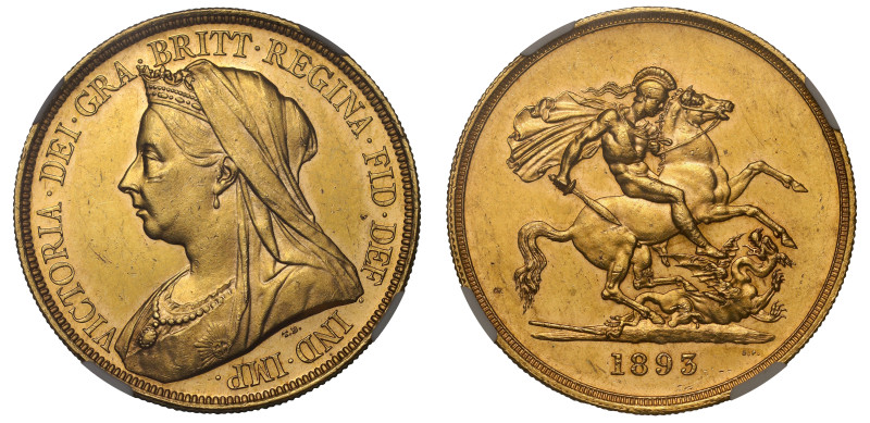 g Victoria (1837-1901), gold Five Pounds, 1893, old veiled bust left, T.B. below...