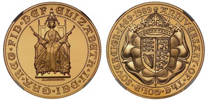 g Elizabeth II (1952-2022), gold proof Five Pounds, 1989, struck for the 500th A...