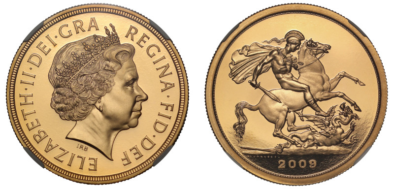 g Elizabeth II (1952-2022), gold proof Five Pounds, 2009, crowned head right, IR...