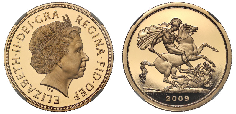 g Elizabeth II (1952-2022), gold proof Five Pounds, 2009, crowned head right, IR...