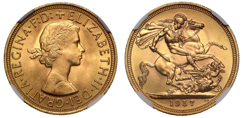 g Elizabeth II (1952-2022), gold Sovereign, 1957, young laureate head right, MG ...