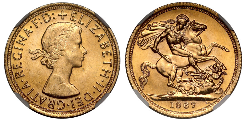 g Elizabeth II (1952-2022), gold Sovereign, 1967, young laureate head right, MG ...