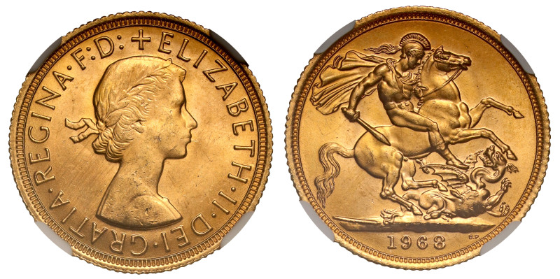 g Elizabeth II (1952-2022), gold Sovereign, 1968, young laureate head right, MG ...