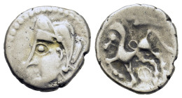 Central Gaul, Bituriges Cubi, c. 1st century BC. AR Quinarius (14,6mm, 1.9g). Bare male head l. R/ Horse prancing l.; annulet above; symbol below.