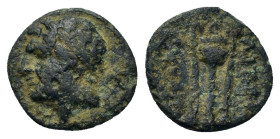 Italy. Southern Campania, Neapolis, c. 300-275 BC. Æ (11,8mm, 1g). Laureate head of male (Apollo?) left; cornucopia behind neck. R/ Tripod. Taliercio ...