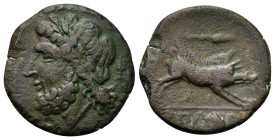 Italy. Northern Apulia, Arpi, c. 325-275 BC. Æ (21,4mm, 6g). Laureate head of Zeus to left; thunderbolt behind. R/ Boar charging to right; spear-head ...