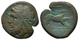 Italy. Northern Apulia, Arpi, c. 325-275 BC. Æ (20,9mm, 6.8g). Laureate head of Zeus to left; thunderbolt behind. R/ Boar charging to right; spear-hea...