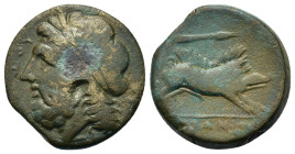 Italy. Northern Apulia, Arpi, c. 325-275 BC. Æ (20mm, 6.9g). Laureate head of Zeus to left; thunderbolt behind. R/ Boar charging to right; spear-head ...