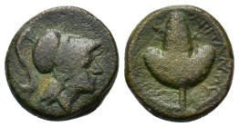 Italy. Northern Apulia, Arpi, c. 215-212 BC. Æ (14,5mm, 3.7g). Helmeted head of Athena r. R/ Bunch of grapes. HNItaly 650; SNG ANS 646.