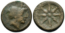 Italy. Apulia, Luceria, c. 211-200 BC. Æ Quincunx (25,3mm, 13.6g). Helmeted head of Athena right; five pellets (mark of value) above. R/ Wheel with ei...
