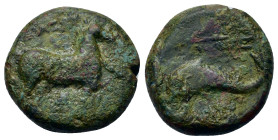 Italy. Northern Apulia, Salapia, c. 275-250 BC. Æ (19mm, 6.9g). Horse prancing r.; illegible inscriptions. R/ Dolphin l.; illegible ethnic. Cf. HGC 1,...