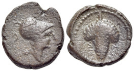 Italy, Apulia, Arpi, c. 215-212 BC. Æ (14mm, 3.36g, 3h). Helmeted head of Athena r. R/ Bunch of grapes. HNItaly 650; SNG ANS 646. Near VF.