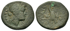 Italy. Northern Lucania, Paestum, 218-201 BC. Æ Triens (19,6mm, 5.3g). Female head r. wearing ivy wreath; four pellets to l. R/ Cornucopia; four pelle...