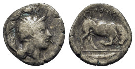Italy. Southern Lucania, Thourioi, c. 350-281 BC. AR Diobol (12mm, 0.9g). Head of Athena r., with crested Attic helmet decorated with Skylla. R/ ΘOYPI...